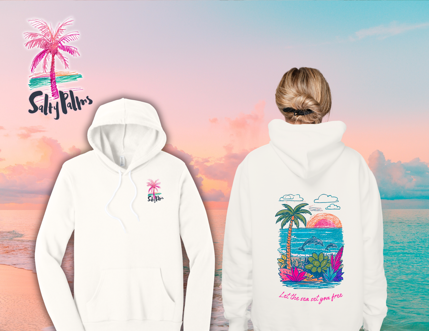 Salty Palms Vintage White Hoodie- Let the sea set you free