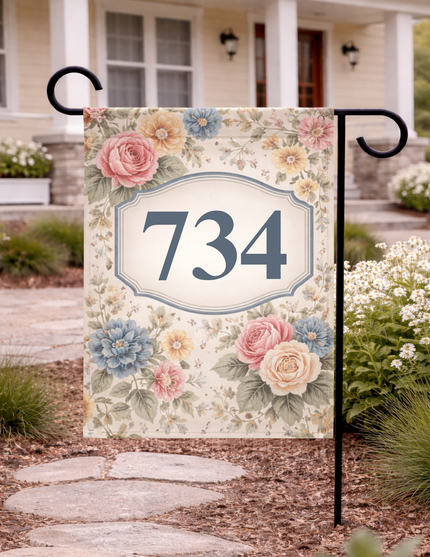 Floral Custom House Number Flag 12x18