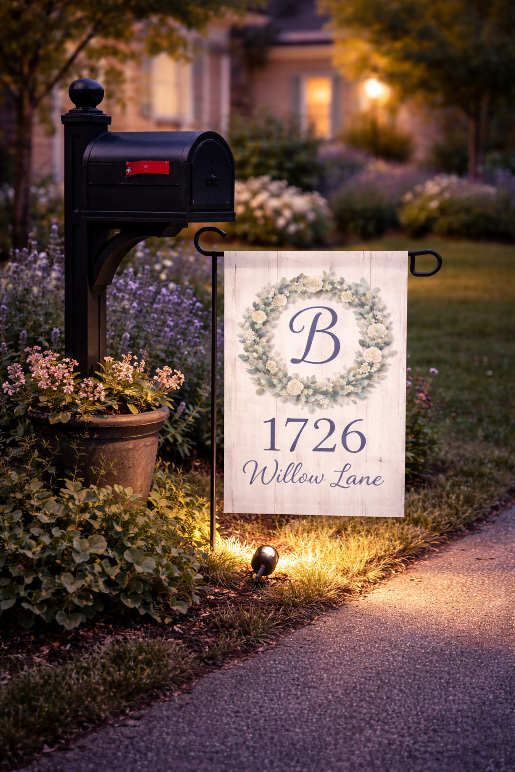 Custom Initial in floral wreath 12x18 Garden Flag