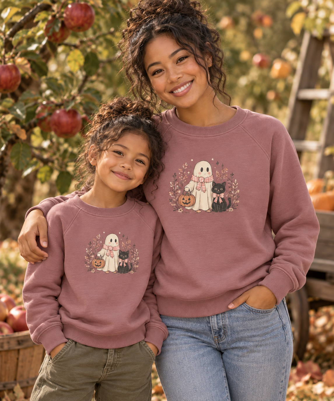 Girly Gingham Cat & Ghost Sponge Fleece Crewneck