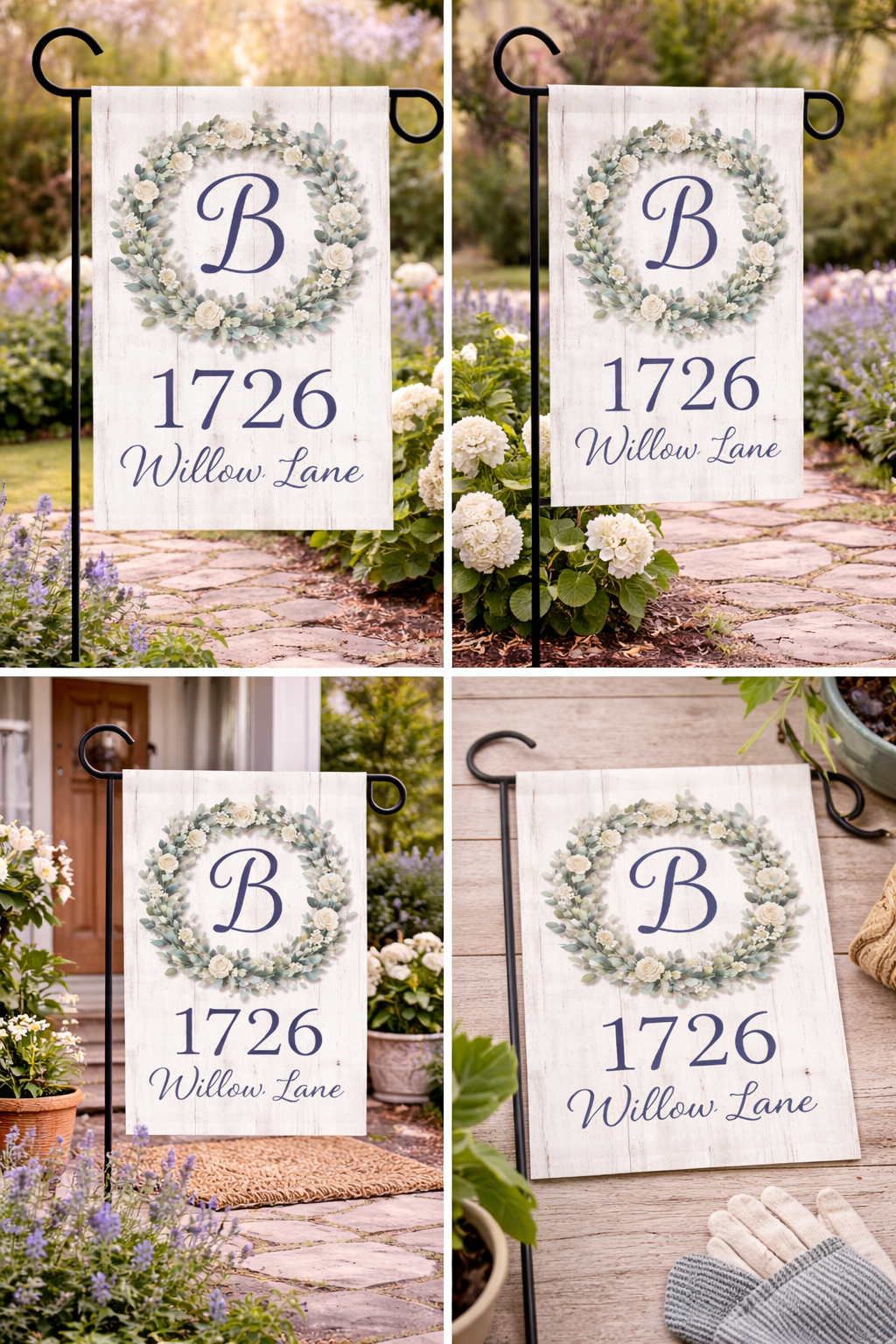 Custom Initial in floral wreath 12x18 Garden Flag