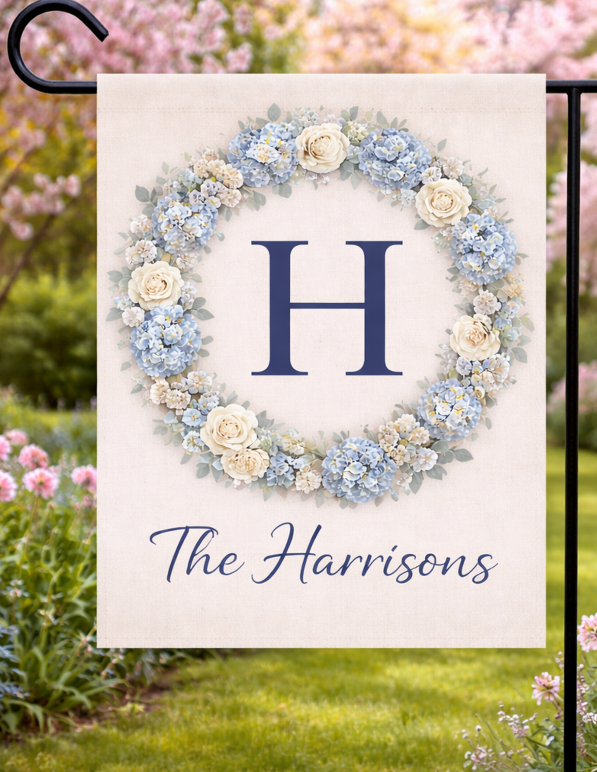 Custom Initial in hydrangea wreath 12x18 Garden Flag