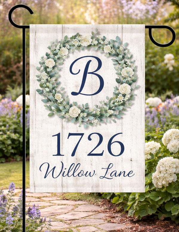 Custom Initial in floral wreath 12x18 Garden Flag