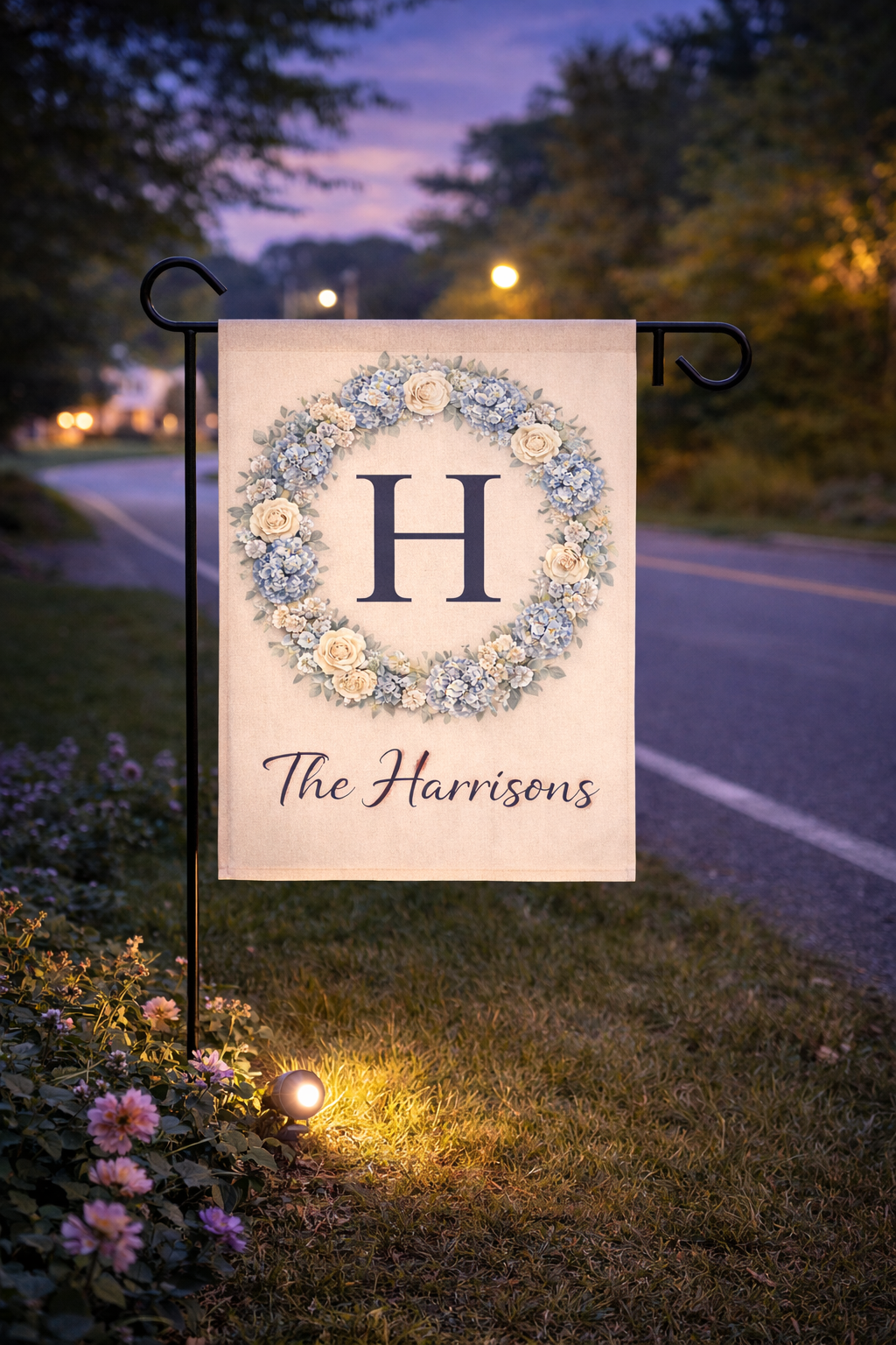 Custom Initial in hydrangea wreath 12x18 Garden Flag